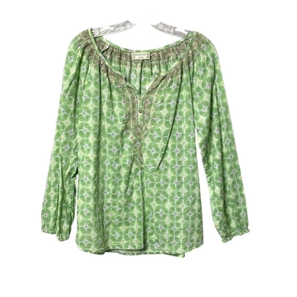 Sigrid Olsen Studio Green Abstract Print Blouse Embroidered Women's Sz L Cotton - Picture 1 of 8